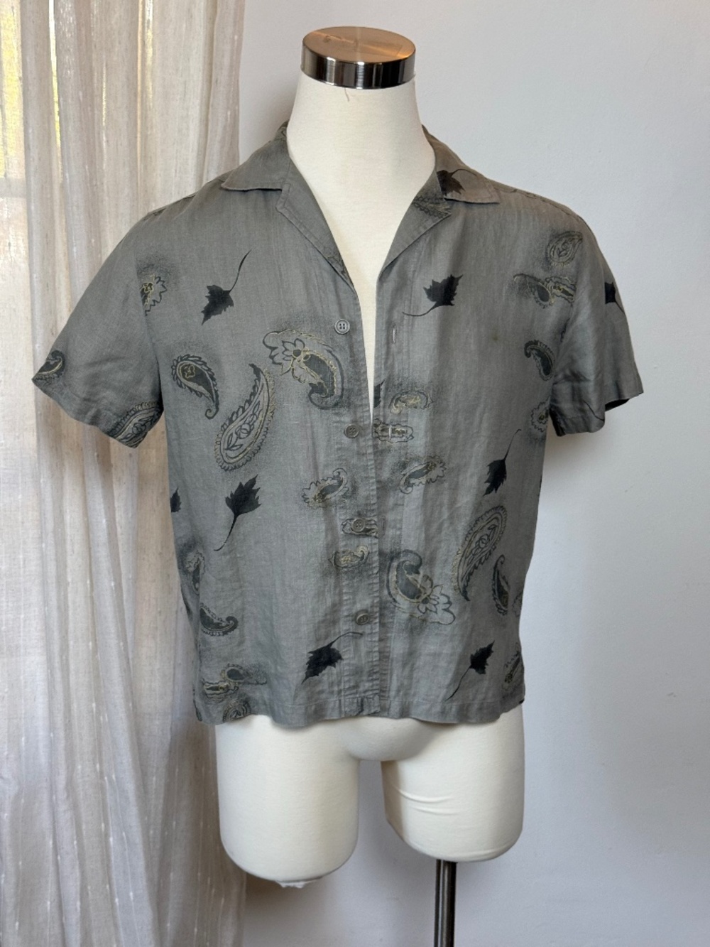 Uniform John Paul Richard Linen Camp Shirt Sage Gray Paisley Men's M